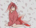  1boy fins fish_hood fish_tail grey_eyes highres hood hood_up jijii_(chang_g) long_sleeves red_hair red_hood riddle_rosehearts short_hair socks solo tail twisted_wonderland 