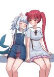  2girls absurdres animal_ears blue_hair blue_skirt blunt_bangs blush cat_ears closed_eyes closed_mouth cube_hair_ornament dress fins fish_tail frilled_sleeves frills gawr_gura gawr_gura_(2nd_costume) grey_hair hair_ornament heterochromia highres holding_hands hololive hololive_english houshou_marine long_hair medium_hair multicolored_hair multiple_girls red_eyes red_hair shark_girl shark_tail sharkudon shirt short_sleeves side_ponytail sidelocks skirt skirt_set smile streaked_hair tail twintails virtual_youtuber white_background white_dress white_shirt yellow_eyes 