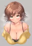  1girl armpit_crease black_camisole blush breasts brown_hair camisole cleavage collarbone cropped_torso gojarun grey_background highres honda_mio idolmaster idolmaster_cinderella_girls large_breasts looking_at_viewer shirt simple_background solo steam steaming_body sweatdrop twitter_username upper_body yellow_shirt 