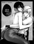  2girls absurdres breasts chainsaw_man choker commentary_request delta_art eyepatch greyscale hair_between_eyes highres medium_breasts monochrome multiple_girls pants ponytail quanxi_(chainsaw_man) reze_(chainsaw_man) spanish_commentary spanish_text steaming_body tight_clothes tight_pants toned topless twitter_username watermark wristband yuri 