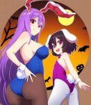  2girls animal_ears bare_shoulders black_hair blue_leotard bow bowtie halloween highres inaba_tewi kisaragi_koushi leotard long_hair multiple_girls pantyhose pink_eyes pink_leotard playboy_bunny purple_hair rabbit_ears rabbit_tail red_eyes reisen_udongein_inaba short_hair strapless strapless_leotard tail touhou wrist_cuffs 