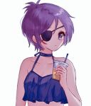  1girl breasts choker chrome_dokuro closed_mouth collarbone drink eyepatch katekyo_hitman_reborn! lowres purple_eyes purple_hair short_hair simple_background solo white_background yuzumotty 