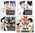  2boys 3girls black_footwear black_hair blonde_hair blossom_(ppg) blue_dress blue_eyes bow box bubbles_(ppg) buttercup_(ppg) collared_shirt commentary dress english_commentary english_text exposed_brain green_dress green_eyes hair_bow heart highres holding holding_box indoors kim_crab long_hair mojo_jojo monkey multiple_boys multiple_girls musical_note necktie powerpuff_girls professor_utonium red_dress red_eyes red_hair sharp_teeth shirt short_hair siblings sisters sleeves_rolled_up smile sparkle splashing star_(symbol) stirring sugar_(food) teeth thighhighs twintails very_long_hair whistling white_shirt 