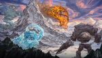  absurdres cliff cloud cloudy_sky colorful critical_role elemental_(creature) english_commentary fantasy fire highres idrawbagman landscape logo mountain mountainous_horizon nature no_humans outdoors rock scenery size_difference sky snow sunrise town water wind winter 