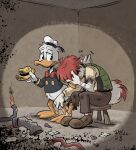  2023 anatid anseriform anthro arm_tuft avian bandage bandaged_arm beak belly_tuft bird black_clothing bottomwear bow_accessory broken_glass broken_glasses brown_background brown_clothing burnt_clothing cheek_tuft chicken clothing comforting cracked_glass cracked_glasses debris disney donald_duck donald_duck_(comics) duck duo elbow_on_leg elbow_tuft facial_tuft feathers fire fluffy fluffy_tail footwear galliform gallus_(genus) glass green_clothing grey_clothing gyro_gearloose hair hand_on_face hand_on_head hat head_down head_tuft headgear headwear holding_object male membrane_(anatomy) orange_beak orange_legs pants patting patting_back phasianid pipes red_body red_clothing red_feather_hair red_feathers red_hair sailor_hat sailor_uniform scratches screw screws scuted_legs scutes shellyochunks shirt signature simple_background sitting sitting_on_stool smoke socks tail tan_clothing topwear torn_bottomwear torn_clothing torn_pants torn_shirt torn_topwear tube tuft vest webbed_feet white_body white_clothing white_feathers wire yellow_clothing 
