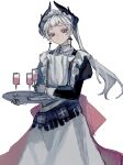  1girl absurdres apron arknights black_dress champagne_flute closed_mouth collared_dress commentary_request cross cross_earrings cup dress drink drinking_glass earrings gloves grey_eyes grey_hair highres holding holding_tray irene_(arknights) irene_(voyage_of_feathers)_(arknights) jewelry juliet_sleeves latin_cross long_hair long_sleeves looking_at_viewer miaowubupa puffy_sleeves simple_background solo tray very_long_hair white_apron white_background white_gloves 