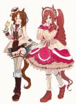  2girls alternate_costume alternate_hairstyle animal_ears blue_eyes blush boots brown_hair commentary_request cup drinking_glass full_body horse_ears horse_tail long_hair medium_hair mejiro_bright_(umamusume) mejiro_palmer_(umamusume) multiple_girls one_eye_closed open_mouth shoes simple_background tail twintails umamusume white_background wine_glass 