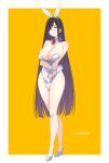  1girl animal_ears artist_name bare_legs bare_shoulders black_hair breasts commentary_request copyright_request detached_collar fake_animal_ears fake_tail full_body highres kichihachi large_breasts legs leotard looking_at_viewer mole mole_on_breast necktie playboy_bunny rabbit_ears rabbit_tail red_necktie shoes solo standing tail thighs two-tone_background white_footwear white_leotard yellow_eyes 