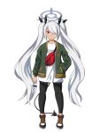  1girl alternate_costume bag black_leggings blue_archive bottle cardigan casual commentary_request dark-skinned_female dark_skin demon_girl demon_tail fanny_pack full_body green_cardigan grey_hair hair_over_one_eye hair_ribbon halo hand_in_pocket highres holding holding_bottle iori_(blue_archive) leggings long_bangs long_hair long_sleeves looking_at_viewer open_cardigan open_clothes plastic_bottle pointy_ears red_eyes ribbon shirt shoes short_shorts shorts sidelocks simple_background sneakers solo standing t-shirt tail twintails water_bottle white_background white_shirt yukimi_unagi 