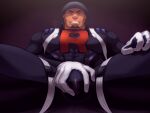  1boy bara beard black_bodysuit bodysuit brown_eyes bulge cabbie_hat clenched_hand cliff_(pokemon) commentary_request covered_penis crotch crotch_grab facial_hair foreshortening from_below gloves grin hat highres looking_at_viewer male_focus masturbation masturbation_through_clothes muscular muscular_male pokemon pokemon_(game) pokemon_go sitting skin_tight smile solo team_go_rocket uniform white_gloves yowaifish 