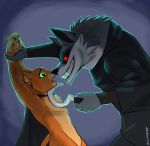  anthro arm_hold blade canid canine canis death_(puss_in_boots) domestic_cat dreamworks felid feline felis fur green_eyes grey_body grey_fur hi_res large_fangs male male/male mammal orange_body orange_fur purplem8n puss_in_boots_(dreamworks) puss_in_boots_the_last_wish red_eyes sickle smile wolf 