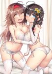  2girls absurdres ahoge ass asymmetrical_docking blue_eyes blush bra braid breast_press breasts bridal_gauntlets brown_hair closed_mouth earrings garter_belt garter_straps hair_ornament hair_over_shoulder hair_ribbon hairband highres jewelry kantai_collection kneeling kuromayu large_breasts long_hair looking_at_viewer multiple_girls open_mouth orange_eyes panties red_hairband red_ribbon ribbon shigure_(kancolle) shigure_kai_ni_(kancolle) shiratsuyu_(kancolle) shiratsuyu_kai_ni_(kancolle) single_braid strapless strapless_bra thighhighs underwear white_bra white_panties white_thighhighs 