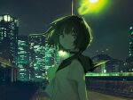  1girl black_choker building choker city dark highres lamppost looking_at_viewer medium_hair night night_sky original shadow sky skyscraper solo suiso_(owp) 