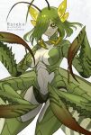  antennae arthropod_girl colored_sclera colored_tongue extra_arms green_hair green_sclera hair_over_eyes highres mantis_girl medium_hair monster_girl original praying_mantis ruteko_(ruko220) tongue tongue_out yellow_eyes yellow_tongue 