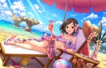  1girl ball beach beach_chair beach_umbrella beachball bikini black_eyes black_hair blue_sky blush bob_cut breasts cleavage cloud cup day drink drinking_glass drinking_straw eyewear_removed feet flower frilled_bikini frills full_body glass hair_down hair_flower hair_ornament hat holding holding_drink idolmaster idolmaster_cinderella_girls idolmaster_cinderella_girls_starlight_stage jewelry legs looking_at_viewer ocean official_art open_mouth outdoors parted_bangs pendant saejima_kiyomi sand sandals short_hair sky small_breasts smile solo strappy_heels straw_hat summer sunlight swimsuit toes umbrella water 