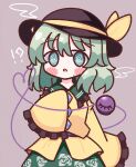  !? 1girl :o @_@ absurdres black_headwear blush blush_stickers bow buttons confused diamond_button floral_print frilled_shirt_collar frilled_sleeves frills green_eyes green_hair green_skirt hat hat_bow heart heart_of_string highres komeiji_koishi light_green_hair long_sleeves medium_hair open_mouth rose_print shirt simple_background skirt sleeves_past_wrists solo steam third_eye touhou waroemon yellow_bow yellow_shirt 