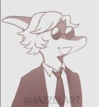  anthro bone_frill bust_portrait clothed clothing dinosaur eyewear frill_(anatomy) hadrosaurid hair jacket jazzelart male monochrome necktie ornithischian parasaurolophus portrait reptile scalie shirt simple_background smile snoot_game snout solo suit sunglasses topwear 