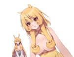  2girls animal_ears blonde_hair breasts china_dress chinese_clothes chung_(ugwa) closed_eyes closed_mouth dress hair_between_eyes horse_ears long_hair medium_breasts multiple_girls open_mouth original smile teeth ugwa upper_teeth_only white_dress yellow_dress yellow_eyes 