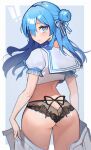  ! 1girl :o arms_at_sides ass back black_panties blue_choker blue_eyes blue_hair blue_nails butt_crack choker crop_top earrings flower_panties hair_between_eyes hair_ornament hair_ribbon highres holding holding_clothes holding_skirt hololive hoshimachi_suisei jewelry lace lace_choker lace_panties long_hair looking_at_viewer looking_back nail_polish panties pleated_skirt ponytail potepotechi ribbon ribbon_panties sailor_collar school_uniform serafuku shirt short_sleeves side_ponytail simple_background skirt solo standing star_(symbol) star_in_eye surprised symbol_in_eye underwear virtual_youtuber white_sailor_collar white_serafuku white_shirt 