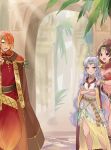  1boy 2girls :d bare_shoulders belt blue_eyes brown_eyes brown_hair cape commentary_request crossed_arms dress earrings fire_emblem fire_emblem:_mystery_of_the_emblem fire_emblem:_thracia_776 fire_emblem_echoes:_shadows_of_valentia fire_emblem_heroes hair_ornament haru_(nakajou-28) jewelry leotard linde_(khadein)_(fire_emblem) long_hair luthier_(fire_emblem) multiple_girls open_mouth orange_hair pink_leotard ponytail purple_hair sara_(khadein)_(fire_emblem) see-through sleeveless sleeveless_dress smile sparkle star_(symbol) very_long_hair white_dress 