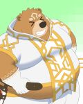  absurd_res anthro bear belly belt bodily_fluids bottomwear brown_body brown_fur charizard_roost clothing crave_saga fur gabu_(crave_saga) gloves handwear hi_res magic_user male mammal overweight shorts solo struggling sweat 