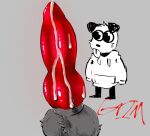  animal_genitalia anthro balls bodily_fluids canid canine canis clothing genital_fluids genitals grimdog701 hoodie knot leaking_precum male mammal precum sheath signature silly simple_background simple_eyes solo solo_focus tongue tongue_out topwear wolf 