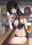  3girls absurdres amane_sora beer_glass bench bikini black_bikini black_choker black_hair blonde_hair blunt_bangs bocchi_the_rock! breasts chin_piercing choker closed_eyes colored_inner_hair cup day ear_piercing elbow_rest fang food green_eyes highres hiroi_kikuri ijichi_seika large_breasts long_hair looking_at_viewer mole mole_on_breast multicolored_hair multiple_girls navel o-ring o-ring_bikini open_mouth outdoors pa-san piercing purple_hair red_eyes red_hair shaved_ice sitting solo_focus stomach swimsuit table two-tone_hair very_long_hair 