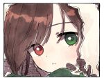  1girl border brown_hair commentary dress expressionless green_dress green_eyes hatching_(texture) head_only head_scarf heterochromia highres linear_hatching long_hair looking_at_viewer medium_bangs nama_udon parted_lips red_eyes rozen_maiden solo suiseiseki white_border white_headwear 