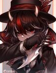  1girl absurdres alternate_costume black_gloves black_hair black_headwear blue_necktie closed_mouth gloves highres horns kijin_seija knife long_sleeves multicolored_hair necktie red_eyes short_hair signature solo streaked_hair top-exerou touhou upper_body white_hair 