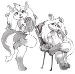  absurd_res ambiguous_gender anthro armband chair clothed clothing crossed_legs digital_media_(artwork) duo excited furniture greyscale happy hi_res hobkin horn looking_at_viewer monochrome on_chair partially_clothed pawpads paws simple_background sitting sitting_on_chair skalelsky sketch spiked_armband spikes white_background 