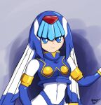 1girl :3 absurdres android artist_name blue_eyes breasts closed_mouth gloves grey_background helmet highres leviathan_(mega_man) looking_at_viewer mega_man_(series) mega_man_x_(series) mega_man_x_dive mega_man_zero_(series) robot robot_girl simple_background smile solo thighhighs upper_body user_yzjs7484 white_gloves 