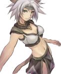  1girl animal_ears avatar_(ff11) breasts brown_tail cactus41747280 cat_ears cat_girl cat_tail cleavage closed_mouth final_fantasy final_fantasy_xi green_eyes grey_hair grey_headband hair_intakes headband loincloth medium_breasts mithra_(ff11) navel no_eyebrows short_hair simple_background solo tail white_background 