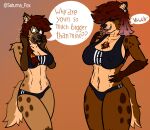  2023 accessory anaya_(saturnafox) anthro big_breasts bodily_fluids bottomwear bra breast_size_difference breasts canid canine cleavage clothed clothing collar crying dialogue digital_media_(artwork) duo ear_piercing english_text eyewear facial_piercing female fur glasses hair hi_res highlights_(coloring) huge_breasts hyena layla_(saturnafox) mammal meme navel navel_piercing nose_piercing open_mouth piercing saturnafox simple_background smile sports_bra sports_bra_difference_meme spotted_hyena tail tears teeth text thick_thighs tongue underwear wide_hips 