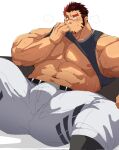  1boy abs akashi_(live_a_hero) bara bare_pectorals belt bulge clothes_lift crotch facial_hair feet_out_of_frame goatee grey_tank_top highres large_pectorals leobongnana lifted_by_self live_a_hero long_sideburns looking_to_the_side male_focus mature_male muscular muscular_male navel nipples pants pectorals revision shirt_lift short_hair sideburns solo spread_legs stomach sweat tank_top thick_eyebrows thick_thighs thighs underpec white_pants wiping_sweat 