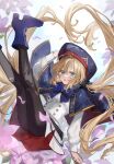  1girl ahoge artoria_caster_(fate) artoria_caster_(second_ascension)_(fate) artoria_pendragon_(fate) ass belt beret black_bow black_pantyhose blonde_hair blue_belt blue_cloak blue_headwear blue_sky blush boots bow breasts buttons cloak cloud cloudy_sky fate/grand_order fate_(series) flower full_body gem green_eyes green_gemstone hair_bow hat highres long_hair long_sleeves looking_at_viewer open_mouth pantyhose petals pink_flower purple_bow purple_footwear shirt skirt sky small_breasts teeth twintails uvula white_shirt white_skirt yurumawari 