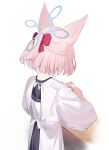  1girl absurdres animal_ears apron black_sailor_collar black_skirt blue_archive bow cooking fox_ears from_behind hair_bow halo highres holding kappougi long_sleeves neck niko_(blue_archive) pink_hair red_bow riya_(01214) sailor_collar school_uniform serafuku short_hair simple_background skirt solo white_background 