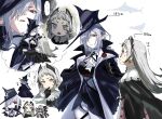  3girls animal_hat arknights ascot belt_collar bird black_cape black_coat black_gloves black_shirt braid cape capelet coat coat_on_shoulders collar cropped_shoulders cropped_torso earrings gladiia_(arknights) glaring gloves grey_eyes grey_hair hair_over_one_eye hand_on_another&#039;s_shoulder harness hat head_wings height height_difference high_collar holding_hands imagining irene_(arknights) jewelry laughing long_hair looking_at_another looking_down multicolored_clothes multicolored_skirt multiple_girls multiple_views nervous open_clothes open_coat open_mouth pants pink_skirt pointy_ears pointy_hat red_eyes red_pupils scar scar_across_eye shirt short_bangs short_eyebrows silhouette skadi_(arknights) skadi_the_corrupting_heart_(arknights) skirt staring sweat swordfish tight tight_pants translated trembling triangle_mouth tricorne underbust v-shaped_eyebrows white_ascot white_background white_capelet white_pants white_skirt yomosaka 