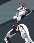 anthro biped black_lips blue_eyes clothing colored_nails costume female fur futuristic futuristic_suit hi_res lips nails simple_background solo sweetmeat synx white_body 