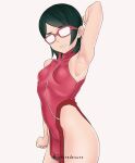  arm_up armpits bare_hips black_hair boruto:_naruto_next_generations china_dress chinese_clothes dress frown glasses highleg highres kurota_snana9241 naruto_(series) opaque_glasses red-framed_eyewear thighs twitter_username uchiha_sarada 