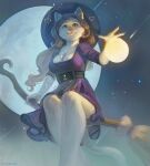  &lt;3 2023 anthro breasts broom broom_riding brown_hair cleaning_tool clothing devergilia digital_media_(artwork) domestic_cat dress felid feline felis female full_moon fur hair halloween hi_res holidays long_hair looking_at_viewer lyubov_(devergilia) magic magic_user mammal moon night purple_clothing purple_dress smile solo star tail tattoo white_body white_fur witch 