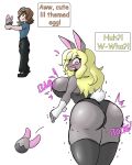  alpha_channel anthro big_breasts big_butt blonde_hair breasts brown_hair butt clothing colored dialogue easter easter_egg english_text eyelashes female fingerless_gloves gender_transformation gloves hair handwear happy hi_res holidays human lagomorph leotard leporid long_hair male mammal mtf_transformation muscular_thighs open_mouth pink_eyes quickcast rabbit scut_tail short_tail simple_background solo species_transformation speech_bubble surprised_expression tail text transformation transparent_background yellow_eyes 