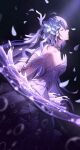  1girl breasts broseele closed_eyes commentary_request dress flower from_side hair_flower hair_ornament highres honkai_(series) honkai_impact_3rd long_hair looking_up parted_lips petals purple_hair seele_vollerei_(herrscher_of_rebirth) sky small_breasts solo star_(sky) starry_sky strapless strapless_dress very_long_hair white_dress 