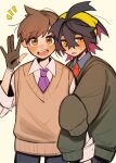  2boys :d alternate_costume blush brown_eyes brown_gloves brown_hair collared_shirt commentary_request florian_(pokemon) gloves hairband highres kieran_(pokemon) male_focus multiple_boys necktie notice_lines open_mouth pants partially_fingerless_gloves pokemon pokemon_(game) pokemon_sv purple_necktie shirt short_hair smile sweatdrop sweater sweater_vest teeth tisanntisyou tongue upper_teeth_only white_background white_shirt yellow_eyes yellow_hairband 