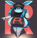  2023 3_fingers :3 anthro areola areola_slip big_breasts black_background black_clothing black_hat black_headwear black_nose blue_body blue_sclera blush boots breasts clothing eeveelution female fingers footwear generation_4_pokemon glaceon gloves grey_boots grey_clothing grey_footwear grey_gloves grey_handwear handwear hat headgear headwear hi_res huge_breasts light lighting logo looking_at_viewer mouth_closed nintendo nipple_outline obikuragetyan pink_areola pokemon pokemon_(species) shaded shadow side_boob simple_background solo team_rocket white_eyes 