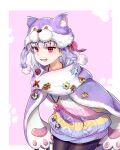  1girl animal_hands animal_hat arms_behind_back badge black_pantyhose cat_paws earrings fate/grand_order fate_(series) hair_ribbon hat highres jewelry kama_(dream_portrait)_(fate) kama_(fate) kuma.fishs necklace pantyhose red_eyes ribbon scarf solo sweater white_hair 