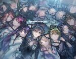  6+boys 6+girls ahoge akamatsu_kaede amami_rantaro barbed_wire bead_necklace beads black_choker black_hair black_headwear blonde_hair blunt_bangs bow bowtie breasts brown_eyes brown_hair brown_necktie buttons chabashira_tenko checkered_clothes checkered_scarf choker clenched_hand closed_eyes closed_mouth collared_shirt copyright_name d: danganronpa_(series) danganronpa_v3:_killing_harmony double-breasted everyone facial_hair flower glasses goatee goggles goggles_on_head gokuhara_gonta green_eyes green_hair green_headwear grey_hair grey_jacket hair_between_eyes hair_ornament hair_over_one_eye hair_scrunchie hand_up harukawa_maki hat highres holding_frame hoshi_ryoma iei iruma_miu jacket jewelry k1-b0 large_breasts long_hair long_sleeves looking_at_viewer lying maid mask messy_hair momota_kaito mouth_mask multicolored_hair multiple_boys multiple_girls musical_note musical_note_hair_ornament necklace necktie nota_sayaka oma_kokichi on_back on_side open_clothes open_jacket open_mouth orange_bow orange_bowtie pink_jacket pink_shirt pink_sweater_vest power_armor print_shirt purple_hair purple_necktie red_hair red_scrunchie saihara_shuichi scarf scrunchie shinguji_korekiyo shirogane_tsumugi shirt short_hair smile spiked_hair striped striped_jacket striped_shirt sweater_vest teeth tojo_kirumi two-tone_hair upper_body upper_teeth_only white_flower white_hair white_shirt yonaga_angie yumeno_himiko 