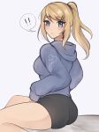  ! !! 1girl alternate_costume ass blonde_hair blue_eyes blue_hood highres hood hoodie looking_at_viewer metroid ponytail purrlucii samus_aran sitting sleeves_past_wrists solo spoken_exclamation_mark white_background 