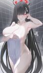  1girl absurdres arturaxia black_hair blue_archive breasts collarbone hair_ornament hairclip halo highres large_breasts long_hair looking_at_viewer naked_towel nipple_slip nipples nude one_eye_closed red_eyes rio_(blue_archive) shower_(place) solo thighs towel very_long_hair 
