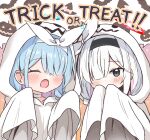  2girls arona_(blue_archive) black_eyes black_hairband blue_archive blue_hair blush closed_eyes colored_inner_hair ghost_costume hachikari_(hachi_karintou) hair_over_one_eye hairband halloween halloween_costume highres long_hair multicolored_hair multiple_girls open_mouth pink_hair plana_(blue_archive) short_hair smile trick_or_treat white_hair 