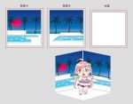  1girl ahoge bikini chibi double_bun floral_print glasses hair_bun isometric kantai_collection long_hair looking_at_viewer makigumo_(kancolle) makigumo_kai_ni_(kancolle) mismatched_bikini ojipon pink_hair side-tie_bikini_bottom solo standing swimsuit twintails yellow_eyes 